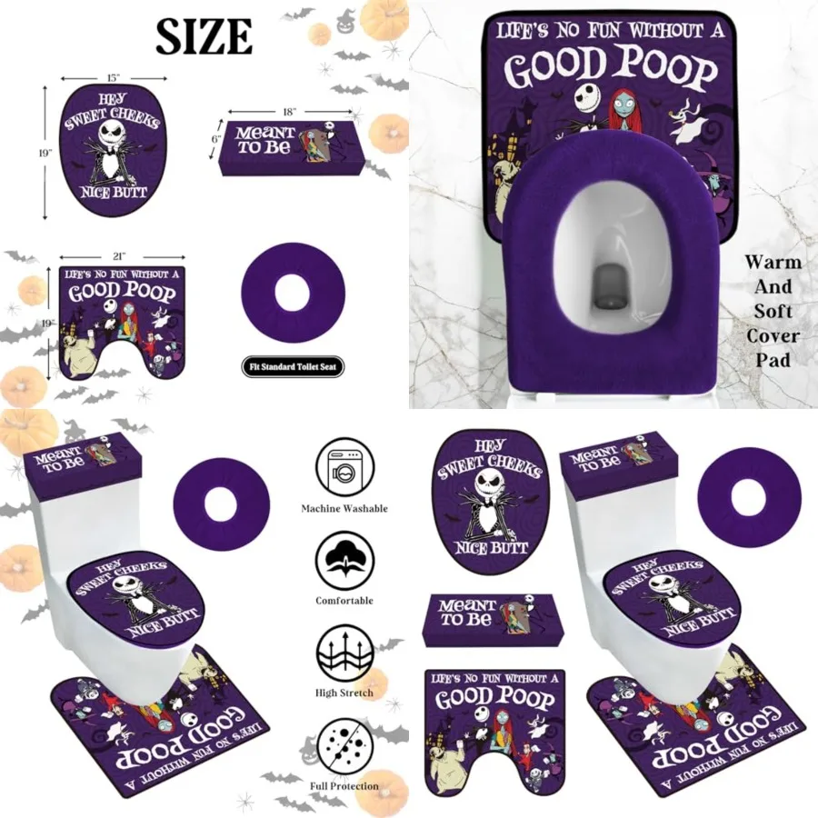 

Кошмар перед Хэллоуном, набор украшений для ванной комнаты из 4 наборов чехлов для унитаза на Хэллоуин с крышкой для унитаза, сиденье для унитаза