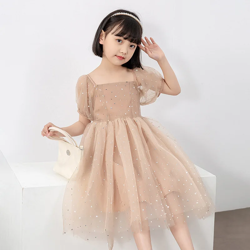 

Super Fairy Star Sequin Mesh Princess Dress New 2023 Summer Puff Sleeve Children Dress Romantic Wedding Party Vestidos