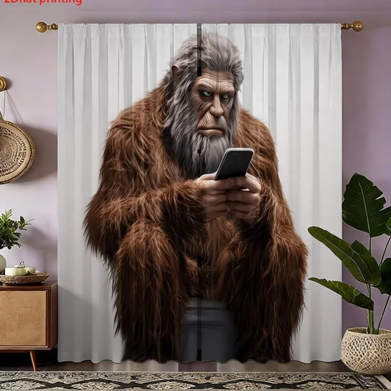 Funny Bigfoot Curtains, Sasquatch Using Phone Print Window Drapes, Novelty Living Room Decor, Blackout Fabric for Home
