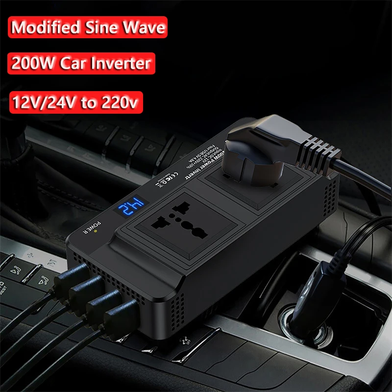 200W Car Inverter DC 12V/24V to AC 220V Power Converter Outlets 4 USB Fast Charging Universal Socket Power Adapter Inverter