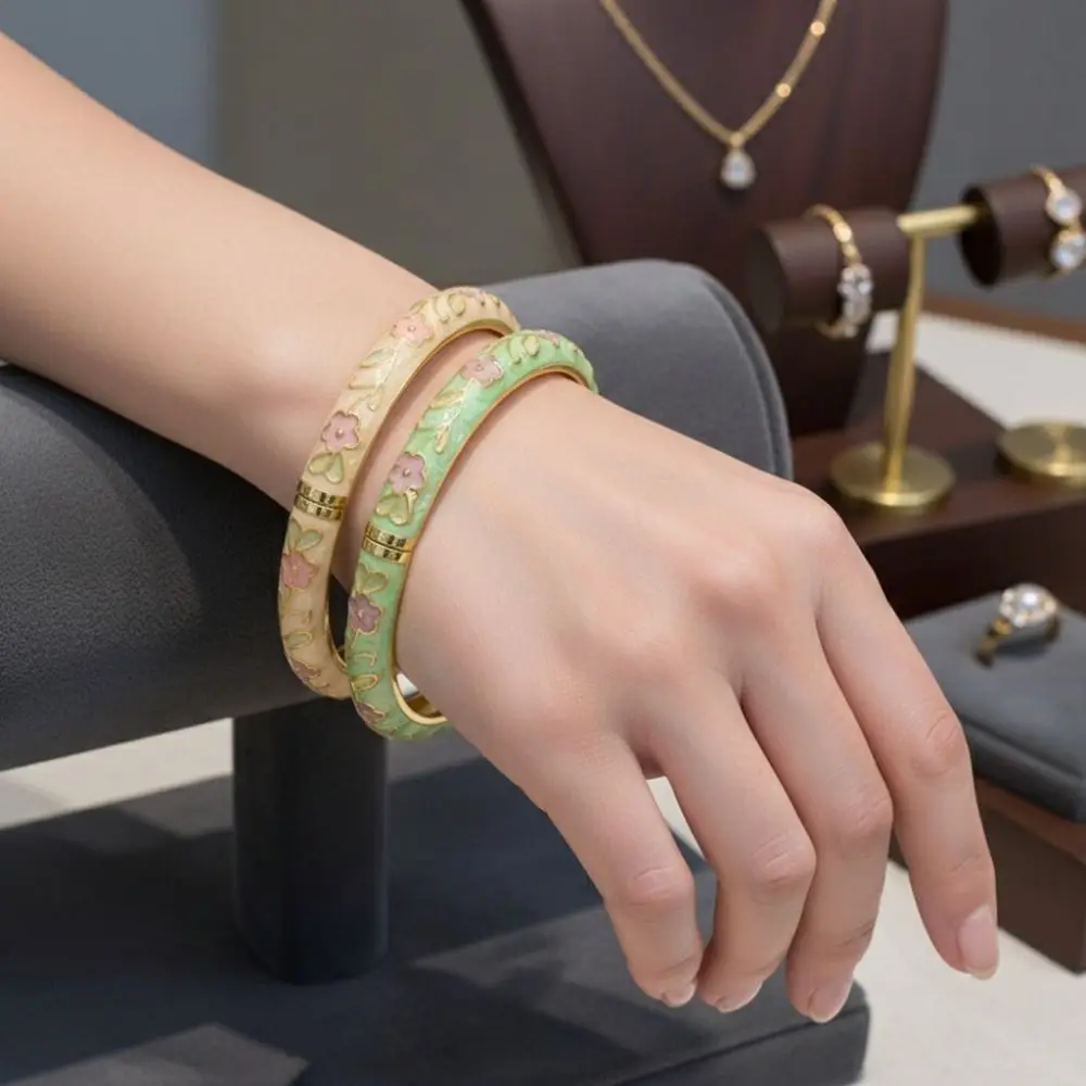 Zinc Alloy Cloisonne Bracelet Flower Pattern Rustic Style Blossom Enamel Bracelet Opening Design Drip Oil Process Women Bangle