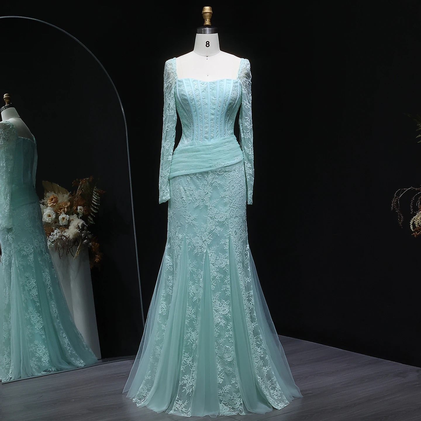 

Sharon Said элегантное зеленое квадратное вечернее платье русалки длиной до пола с длинными рукавами для женщин свадебные платья SF252 по индивидуальному заказу