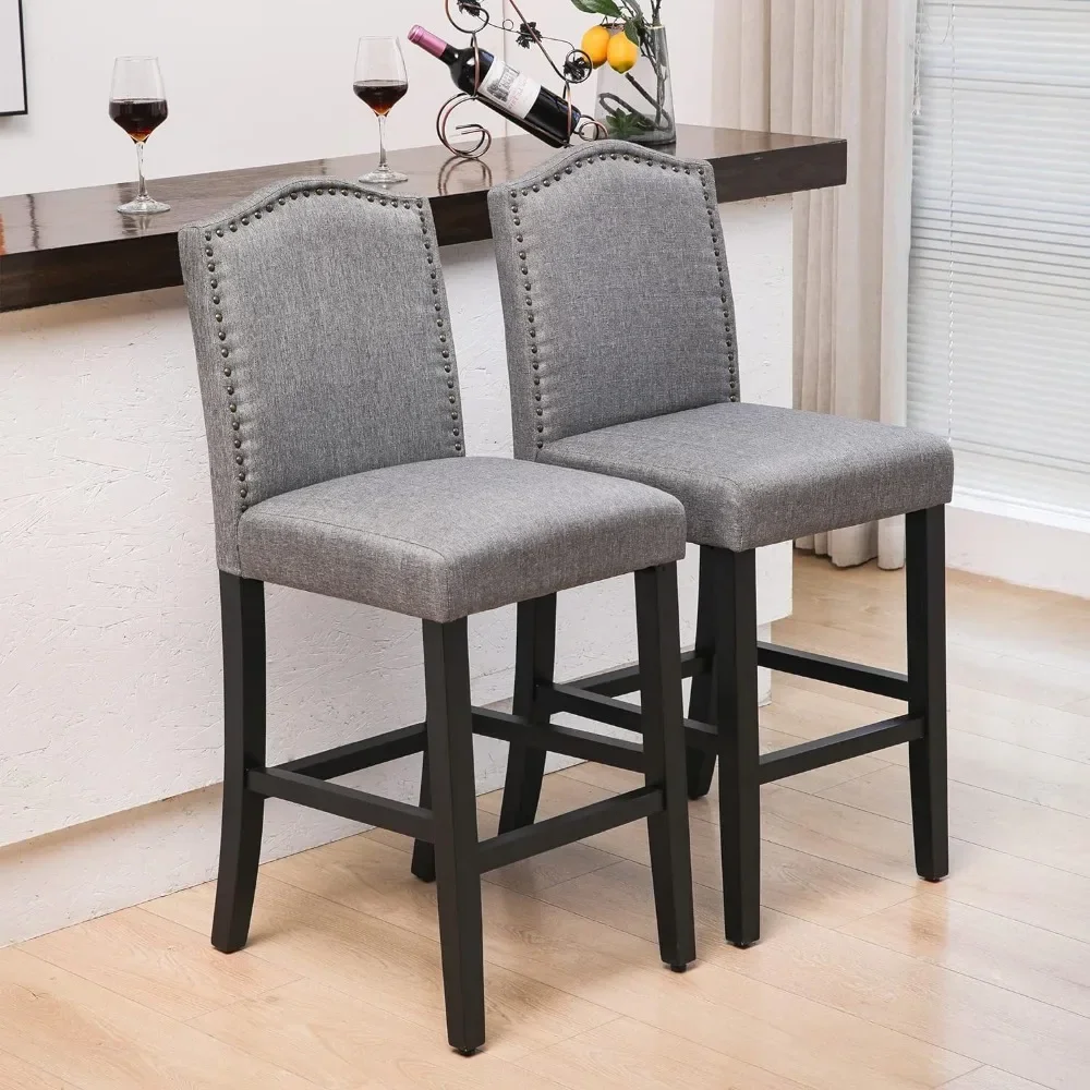 Contra Altura Bar Chair Set, Bronze Prego, Tecido estofados Barstool com as costas, cadeiras de bar, 24 polegadas