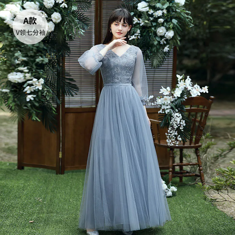 Reject Return J108 Blue Bridesmaid Dresses 2024 New Long Sleeve Long Sisterhood Women Dresses For Party And Wedding