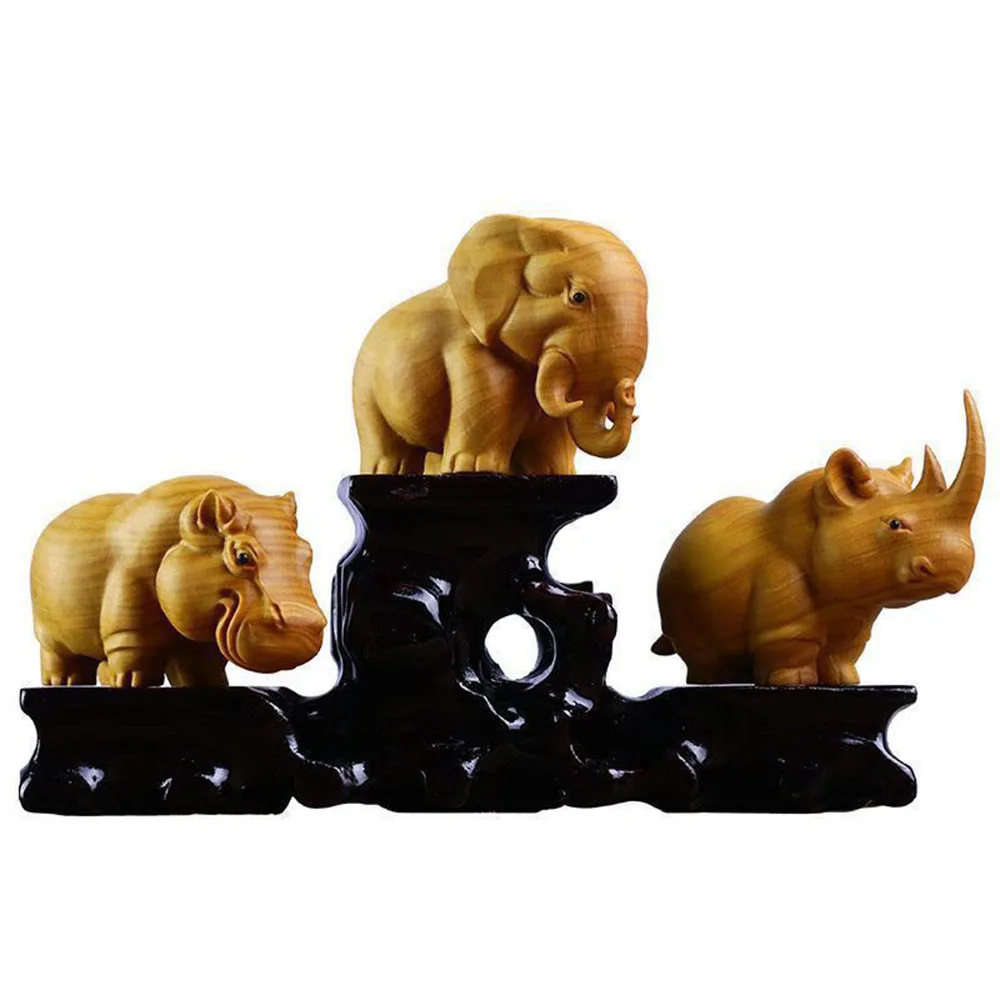 JW28 - 6 CM African Animal Solid Wood Sculpture Elephant Rhinoceros Hippo Figurine Mini Statue Desktop Car Ornaments