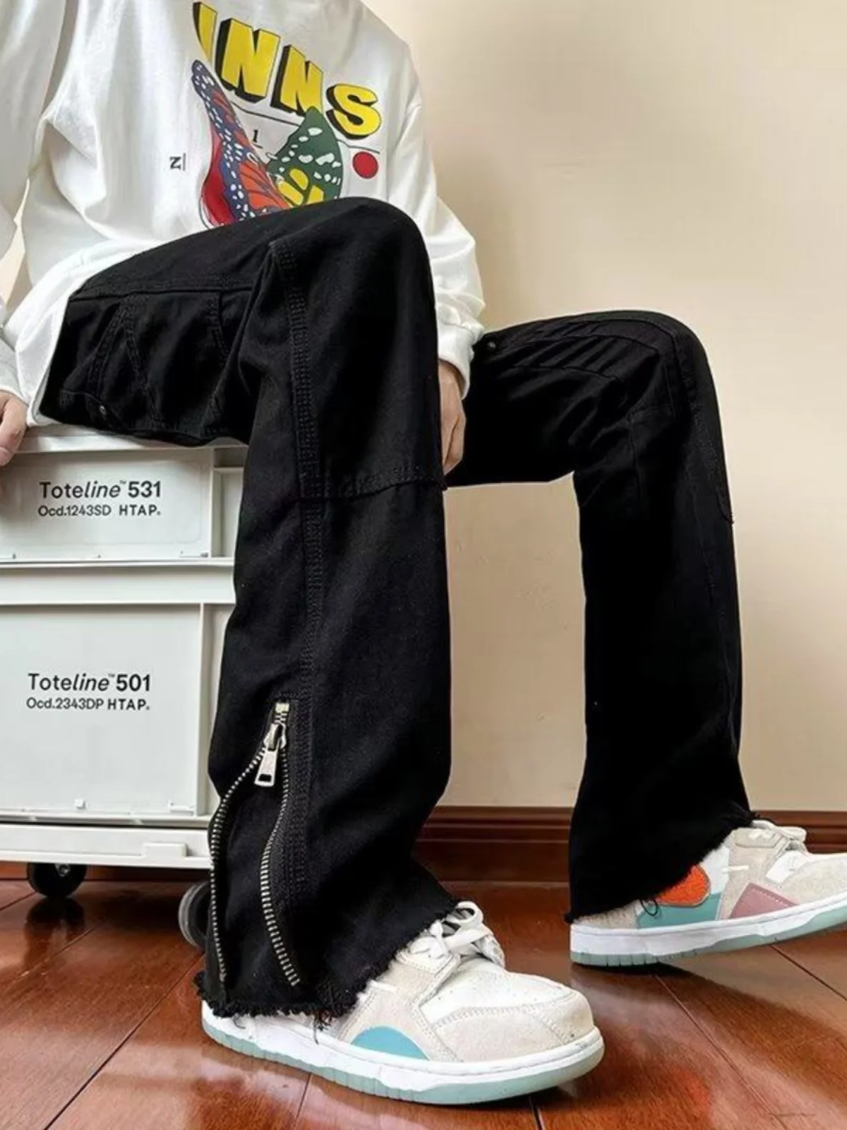 

Black Zipper Denim Jeans Men's Autumn Winter Loose Straight Wide Leg Casual Pants Micro Flared American Trendy Brand Washed out