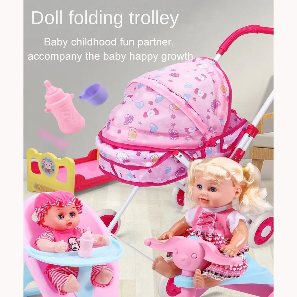 Plastic + Metal Dolls Pram Trendy Role Play Iron Support Frame Furniture Toy Play Game Baby Stroller Little Girls Boys