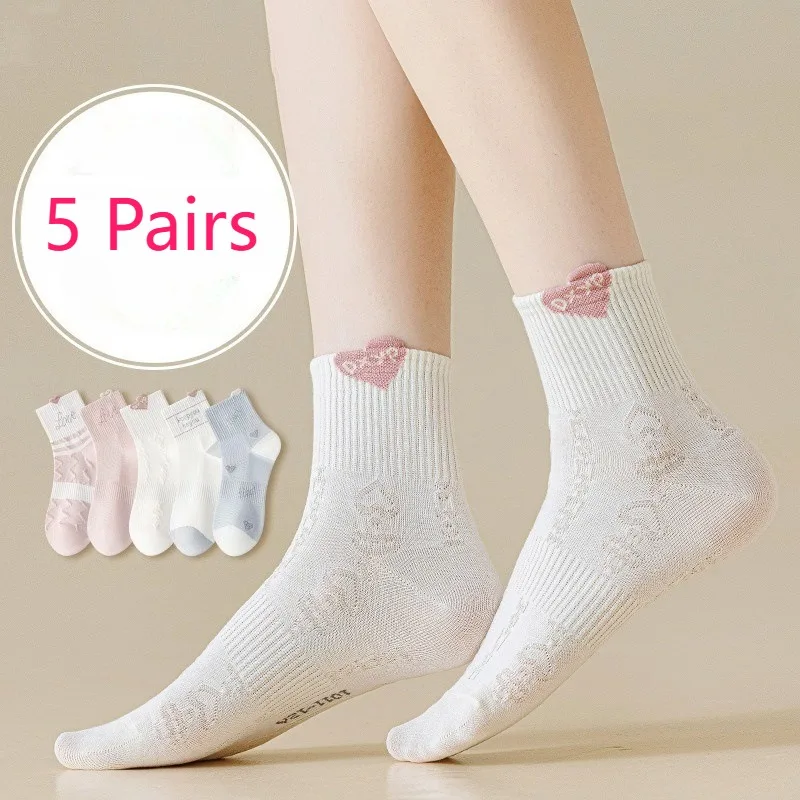 5 Pairs Women's Spring Autumn Cotton Mid-Calf Socks Thin Mesh Breathable Student White Socks Set Casual Ankle Sheer Socks Woman