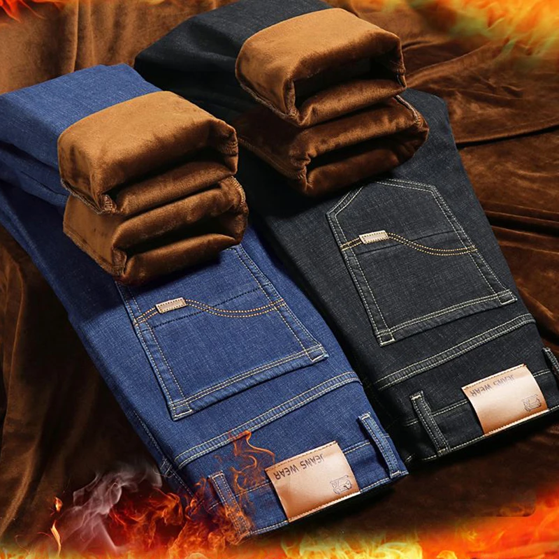 Men Autumn Winter Fleece Lined Thickened Jeans Male Fashion Loose Straight Denim Pants Warm Smart Casual Trousers