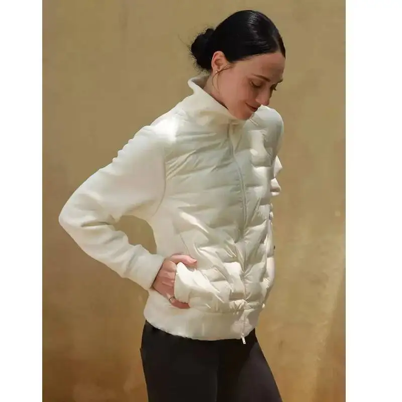 Femmes polaire courte doudoune hiver col montant Patchwork tricot fermeture éclair chaud mince doudoune, manteau décontracté