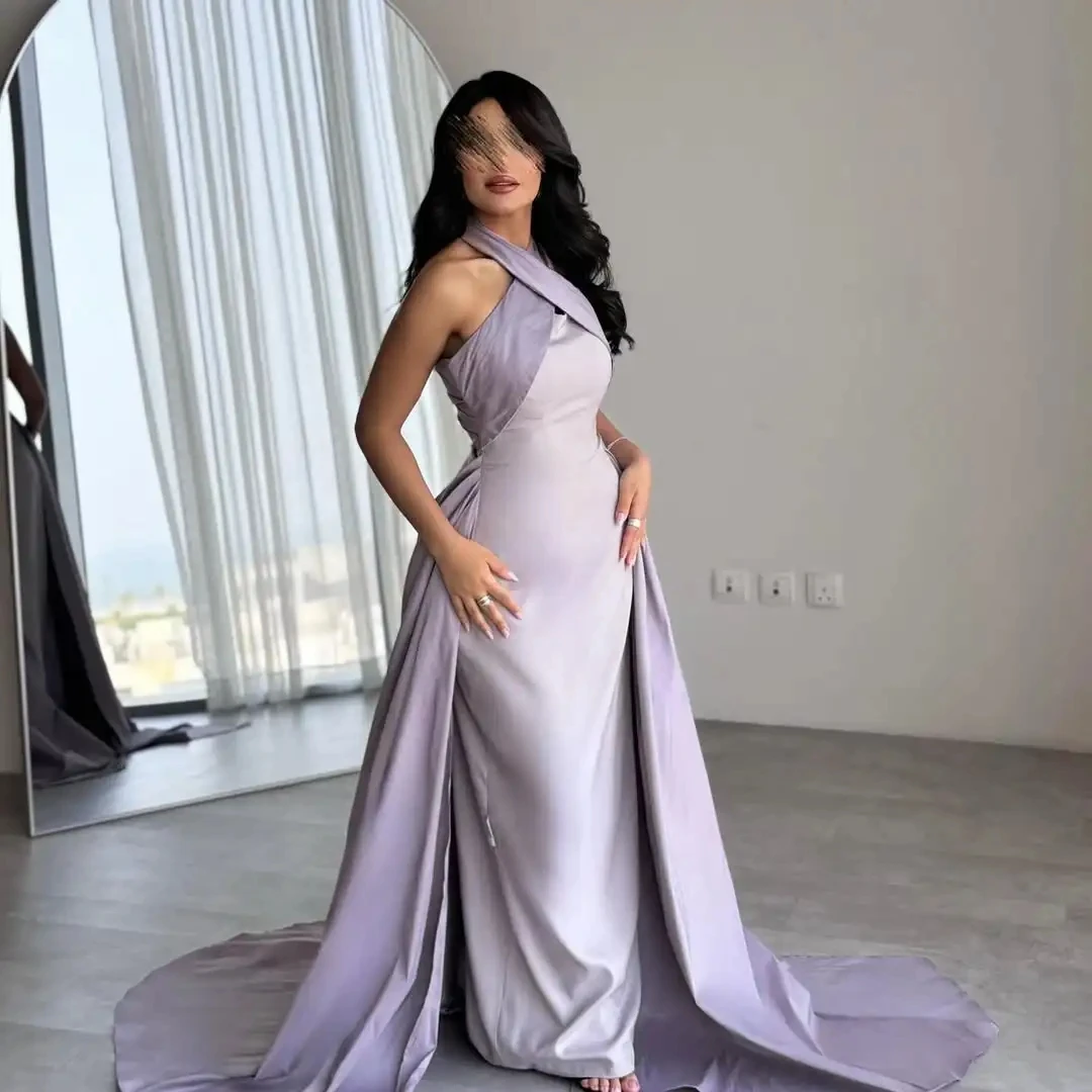 

Luxury Purple Prom Dresses Sheath Halter Satin Zipper Floor Length Women Formal Evening Dresses Birthday Dress Customized