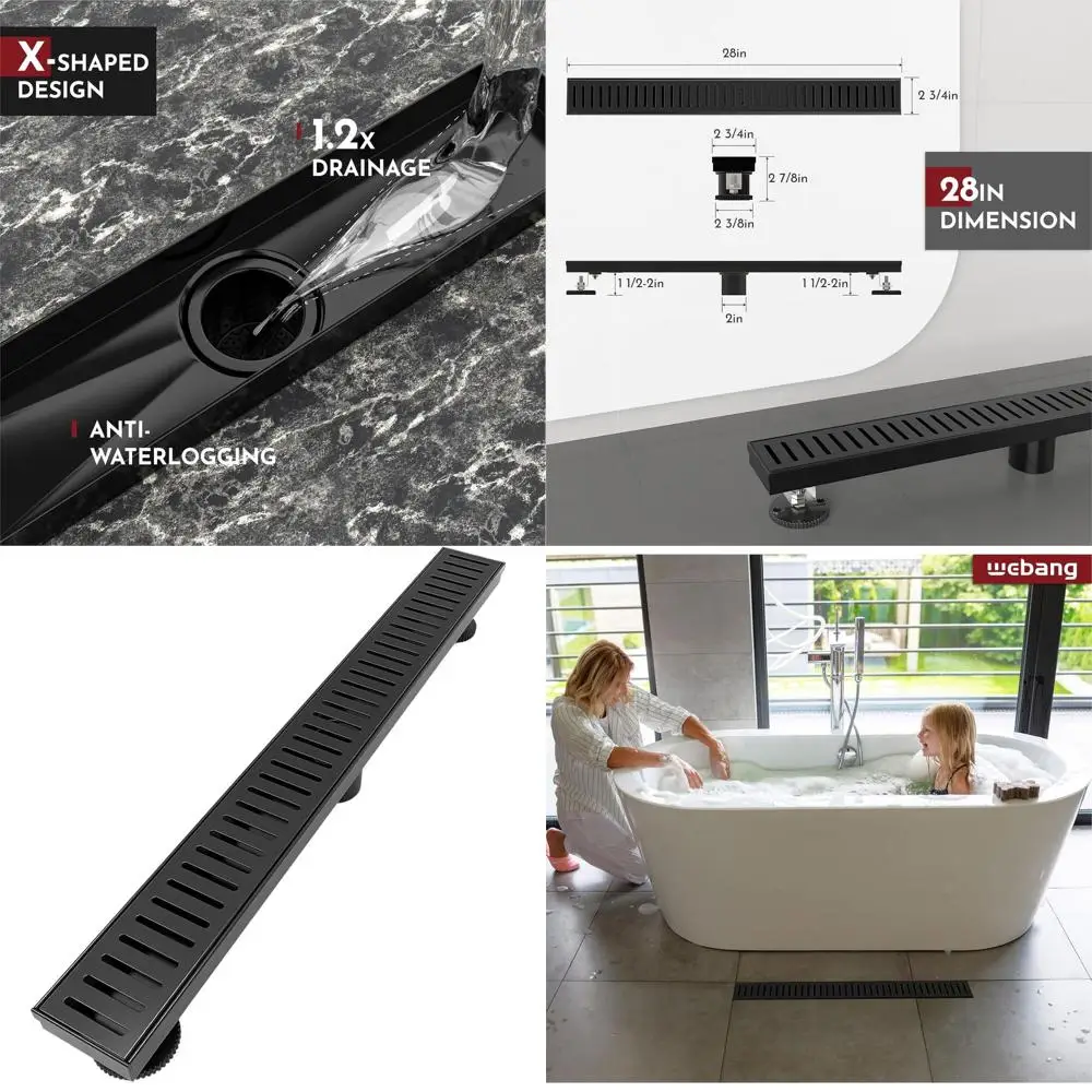 

28 Inch Rectangular Shower Drain with Matte Black Capsule Pattern Grate, Removable Cover, SUS304 Stainless Steel, CUPC Certified