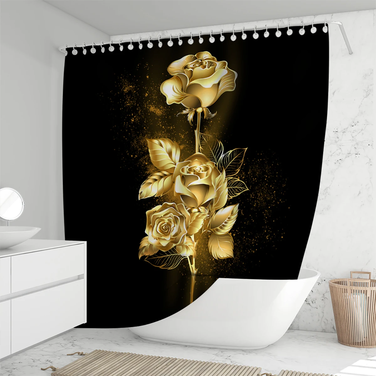 Golden Rose Shower Curtain Set Shower Curtain Bathroom Decoration with Plastic Hook Suitable for Home Hotel Machine Wash Curtain