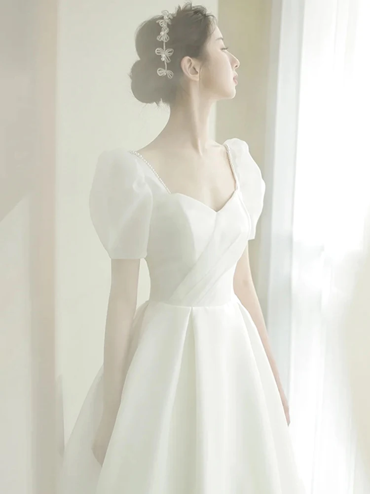 Simple Korea Style A-line V-neck Wedding Dress Lace Up Stain Backless Puff Sleeve Bridal Gowns vestidos de novia robe de mariée