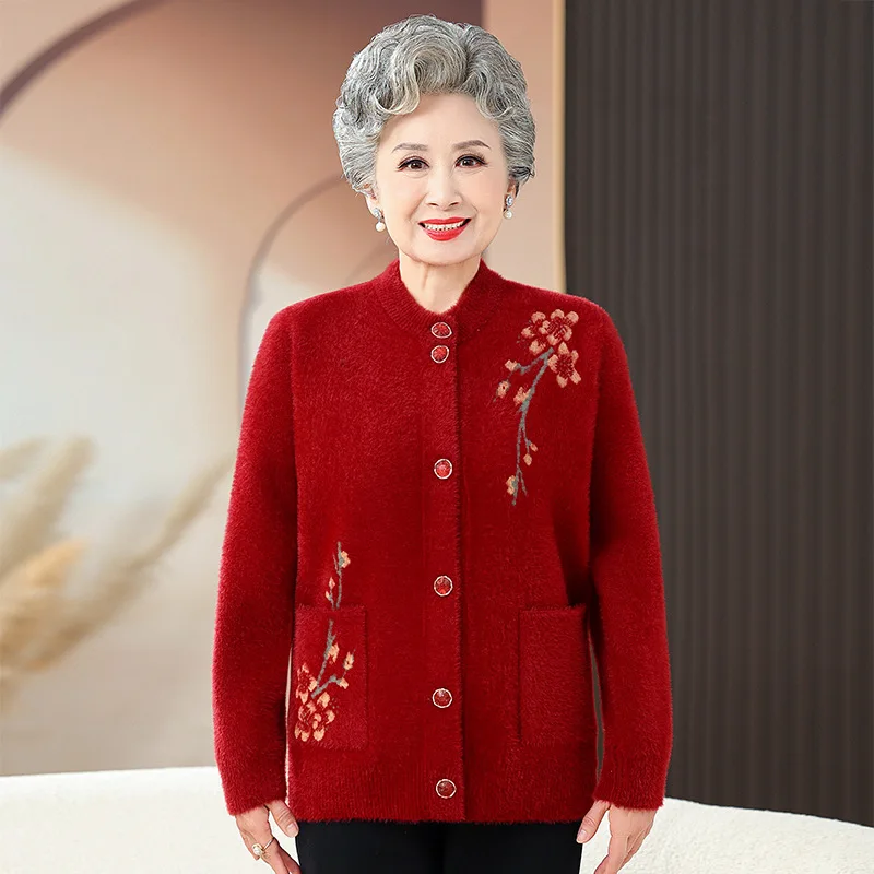 Grandma Thick Warm Mink Velvet Sweater Top Winter Middle Aged Mother Outside Wear Cardigan Jacket Vintage Women Knitted Coat