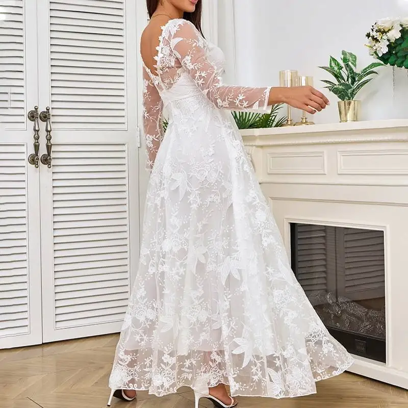 New 2025 Women's Long Sve Pure Color Lace Bridal Dr Transparent Wedding Dr Faionable Spring Polyester mid Waist