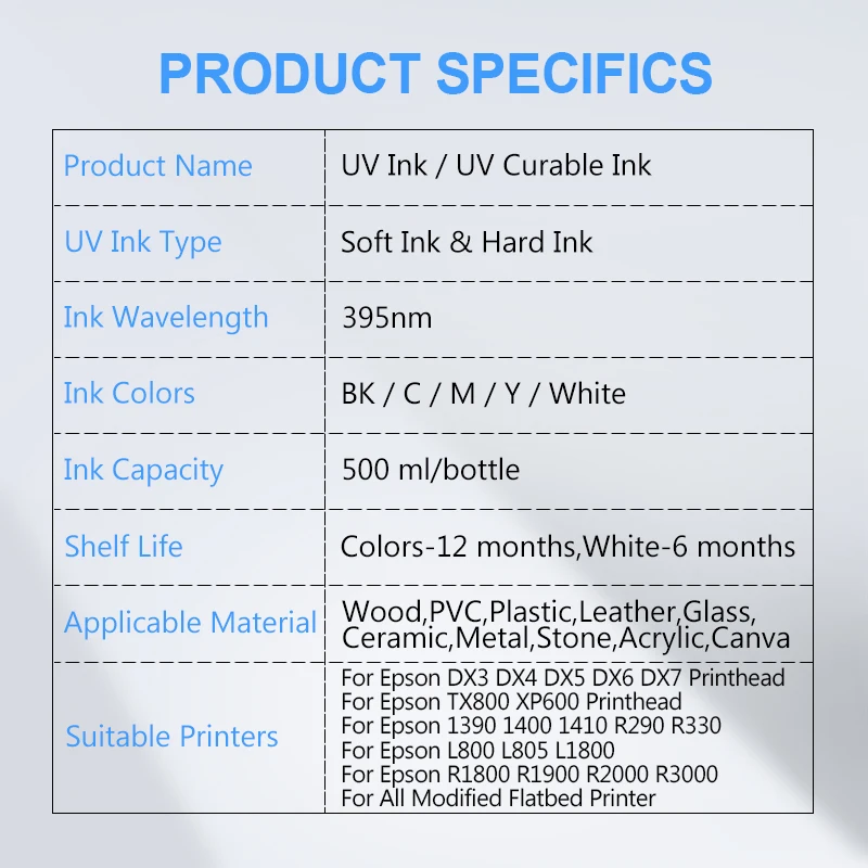 Imagem -06 - Tinta uv Led para Dx4 Dx5 Dx6 Dx7 Dx10 Tx800 Xp600 do Cabeçote de Impressão para Impressora Epson 1390 L800 L1800 L805 R1800 R1900 uv Modificado × 500ml de