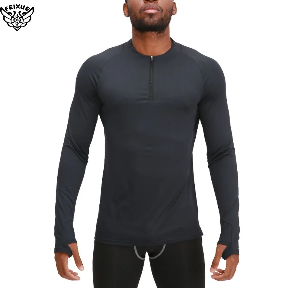 Men Half Zip Compression Long Sleeve Shirts Breathable Stretch Gym Running Training Sport Top Thumb Hole Cuff Sportswear