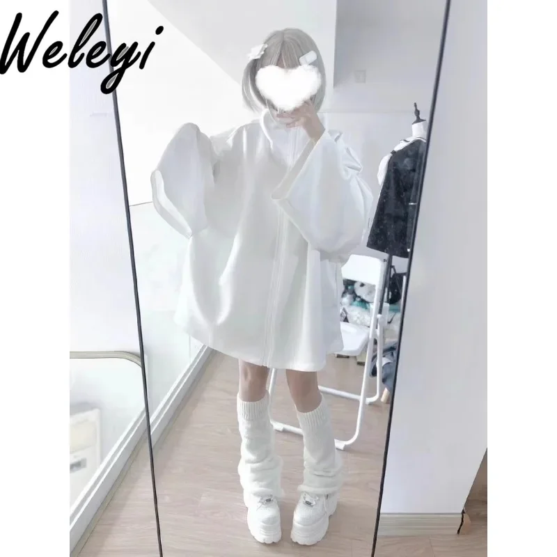 

Japanese Soft Girl Subculture Mid-length Coat Student Autumn Loose Cute Two-dimensional Zipper White Hoodie Jacket Women Clothes