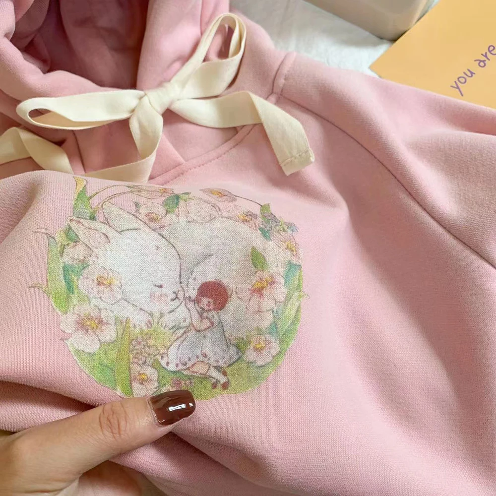 Cute Baby Girls Hoodies Spring Autumn Korean Cartoon Rabbit Hooded Coats Sweatshirt Thick Warm Velvet Kids Pullover Tops 1-6Y