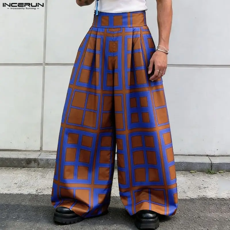 INCERUN Herren Karierte Hosen Lose Hochgeschnittene Jogginghosen Weite Beine Streetwear Baggy 2026 Mode Lässige Hosen Pantalones