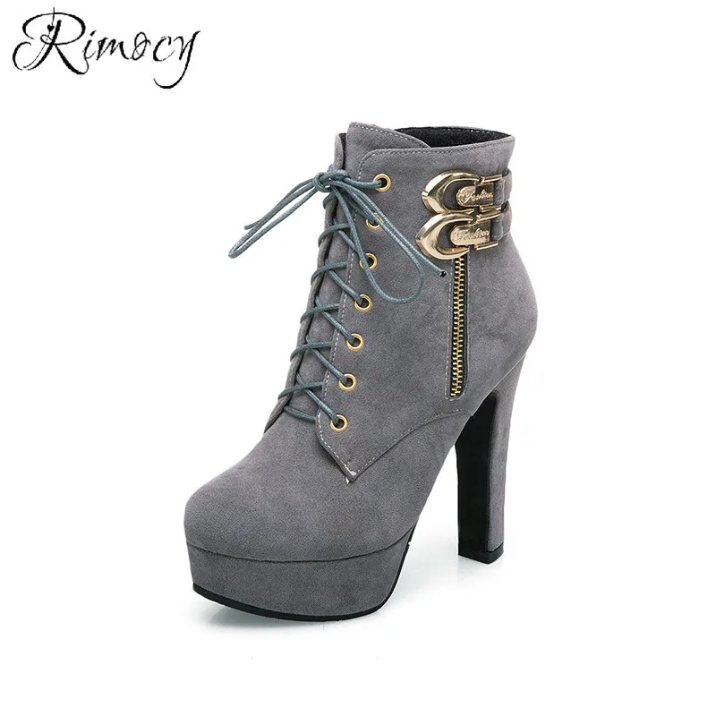 Rimocy 2022 New Autumn Ankle Boots for Women Platform High Heels Shoes Woman Buckle Short Booties Casual Faux Suede Footwear