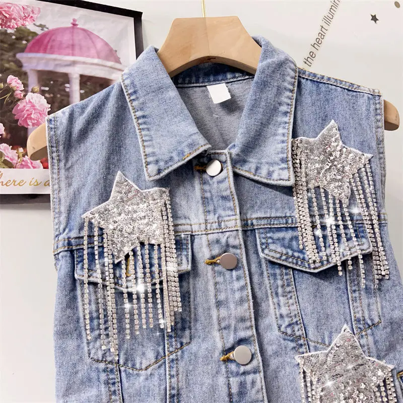 Colete jeans de lantejoulas feminino, corrente de diamantes borlas bordadas de estrelas, colete jeans com franjadas, regata de cowboy, primavera e verão