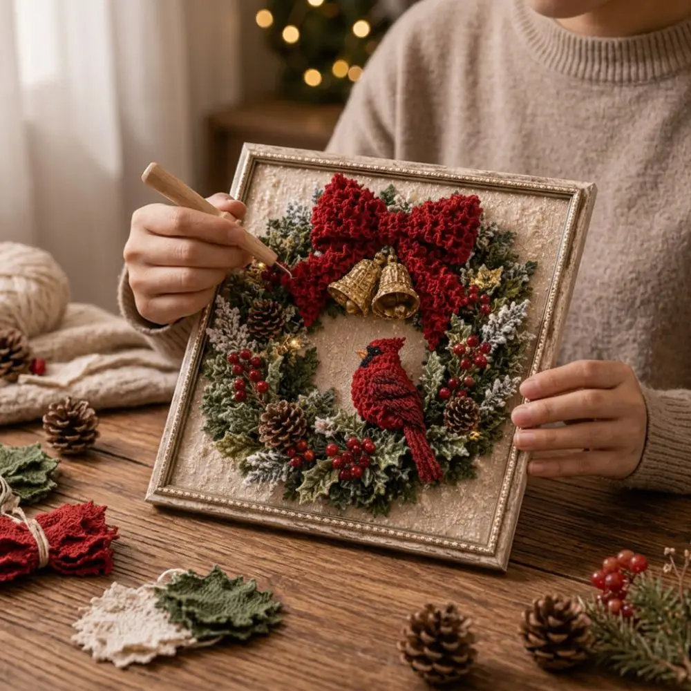 Handmade Christmas Fabric Poke Art Kit Educational Wall Hanging Christmas Fabric Art Picture Unique Vintage