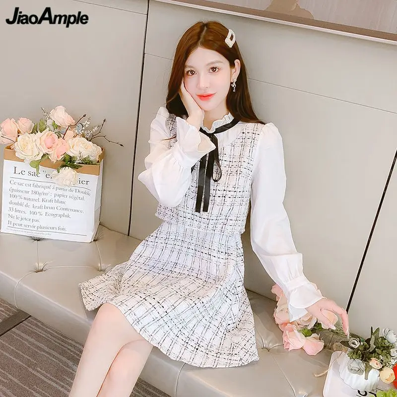 Women Spring Autumn Tweed Fake 2 Piece Mini Dress Korean Preppy Style Lady Graceful Bowknot Patchwork Dresses New Clothes Female