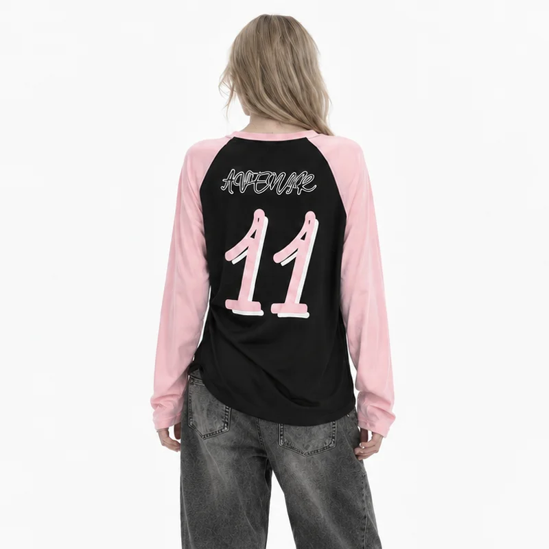 Fall Women Y2K Preppy Streetwear Contrast Raglan Long Sleeve Oversized numeral Graphic T Shirt Pink Black Casual Top