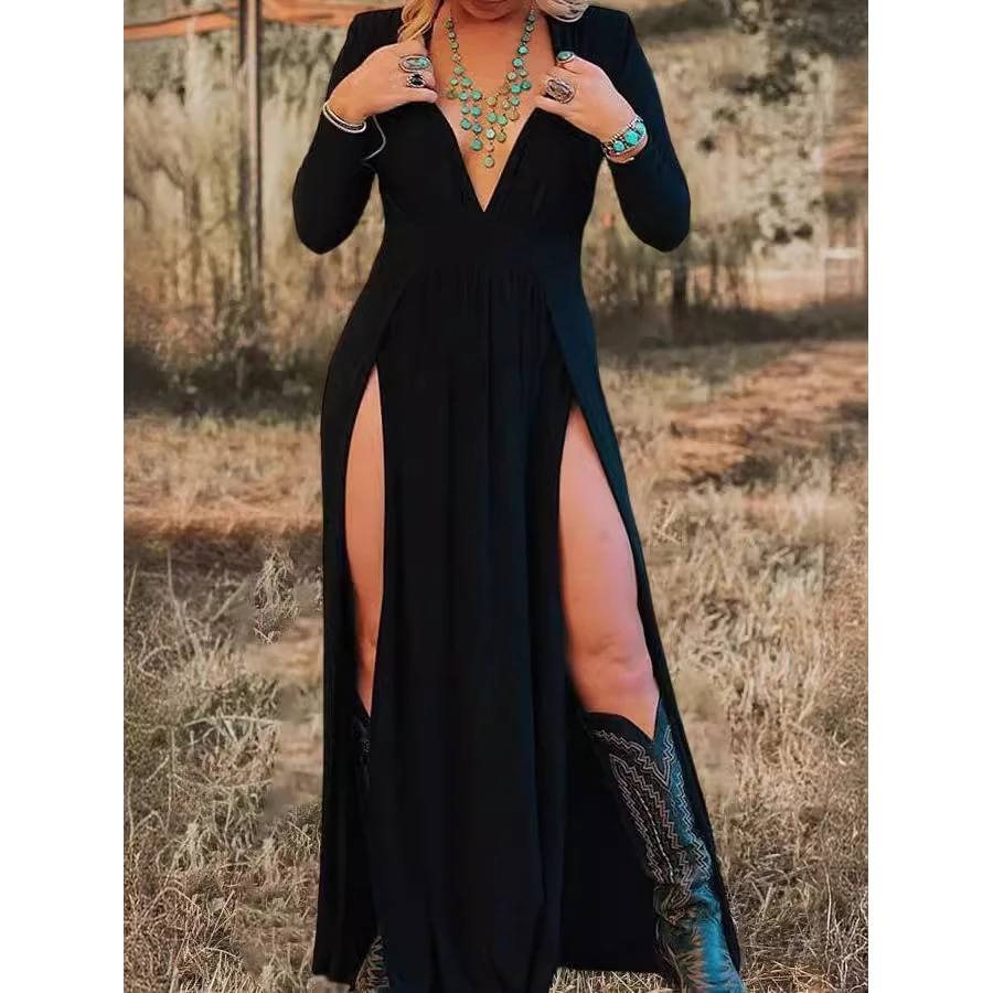 2025 Women's Long Sleeve V-Neck  Color Hollow out Dress Independent Station Ethnic Fashion Stage Costume Spring Collection
