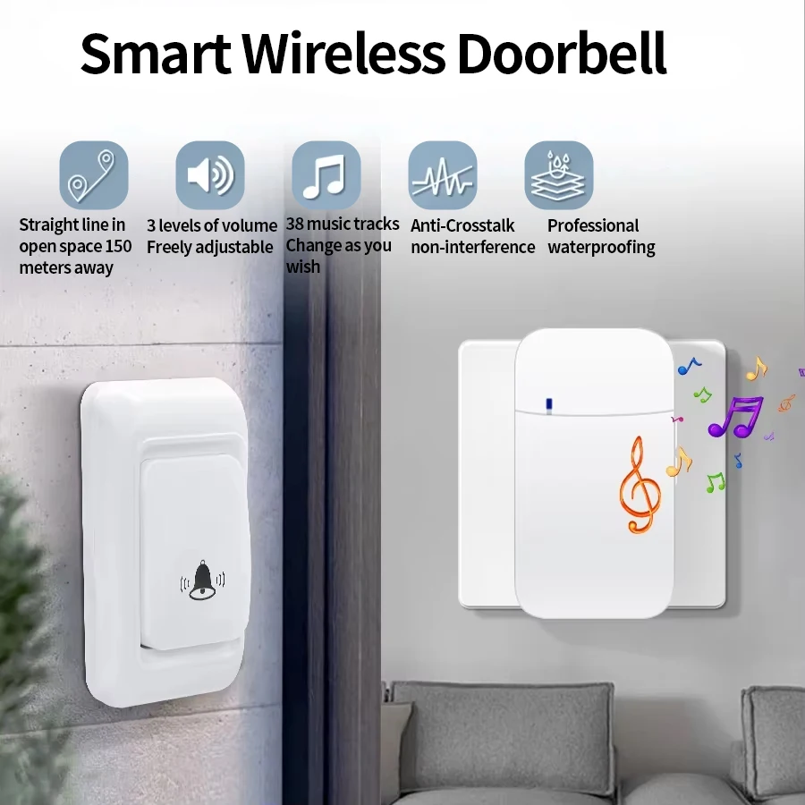 

38 мелодий, мелодии, уличный беспроводной дверной звонок, вилка США/ЕС, водонепроницаемая, диапазон 150 м, комплект звонков для дома, звонок приветствия, домашний дверной звонок