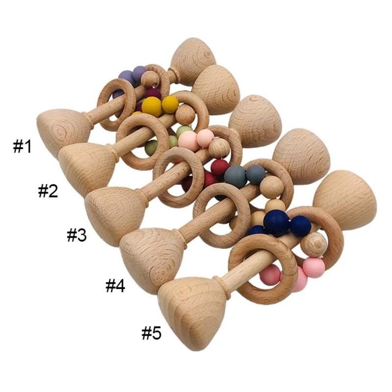 

J15U Baby Wooden Teether Rattle Silicone Beads Beech Ring Infants Soother Molar Toy for Newborn Teething Nursing
