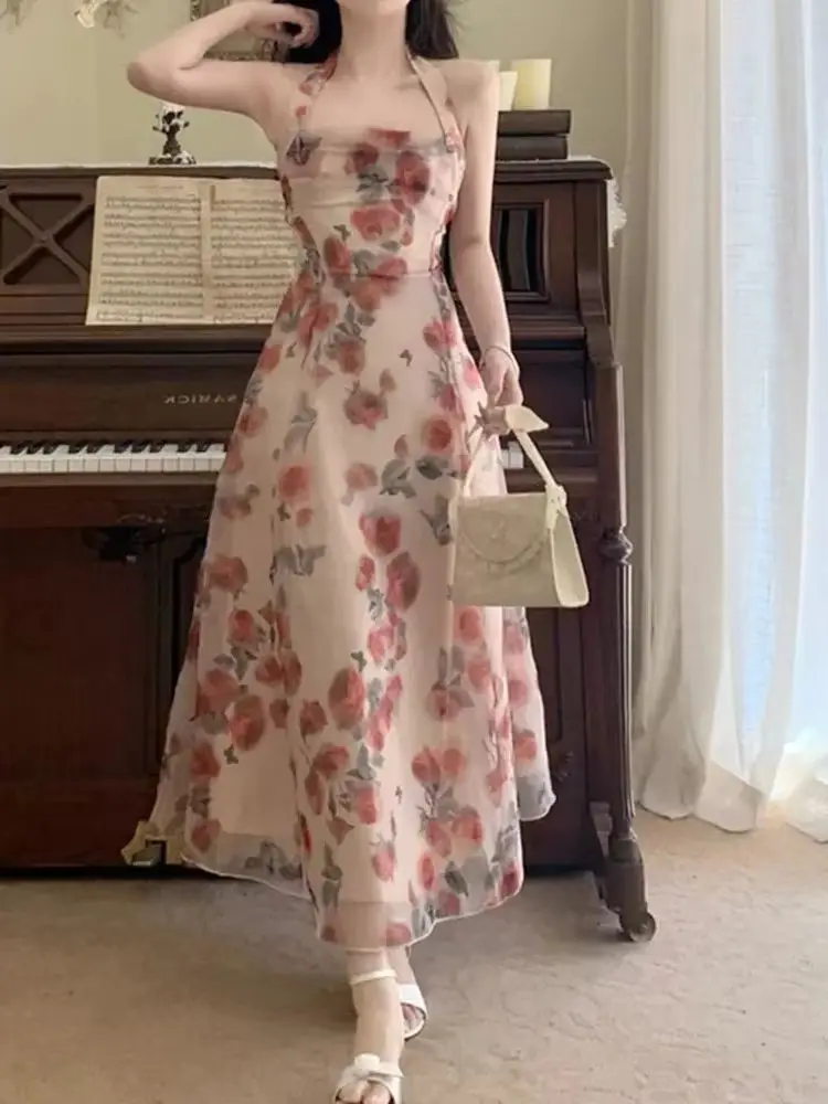 빈티지 한국 스타일 플로럴 쉬폰 홀터 드레스 백리스 우아한 미디 드레스 여성용 프랑스 파티에 완벽한 드레스