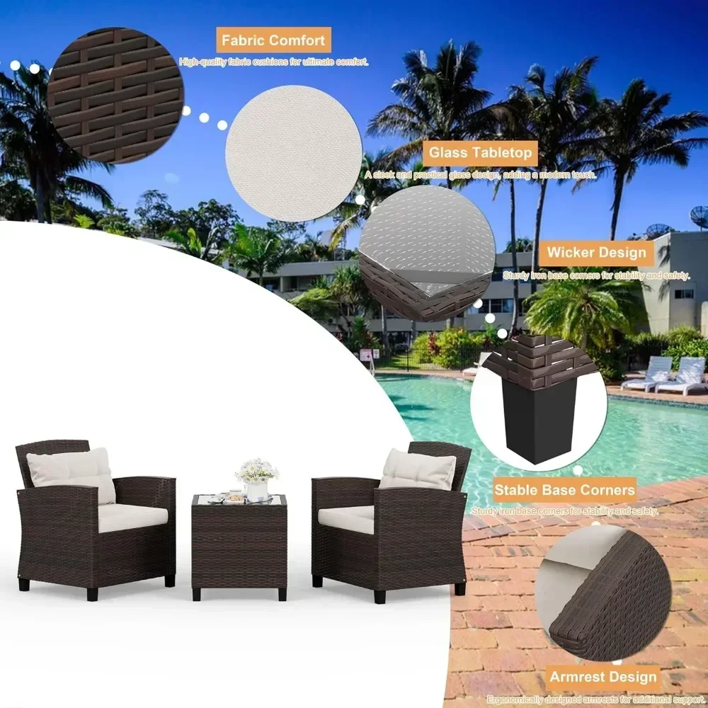 Juego de muebles de mimbre para Patio, sillas de mimbre de PE con mesa, muebles de exterior, conjunto de conversación de mimbre marrón, 3 piezas