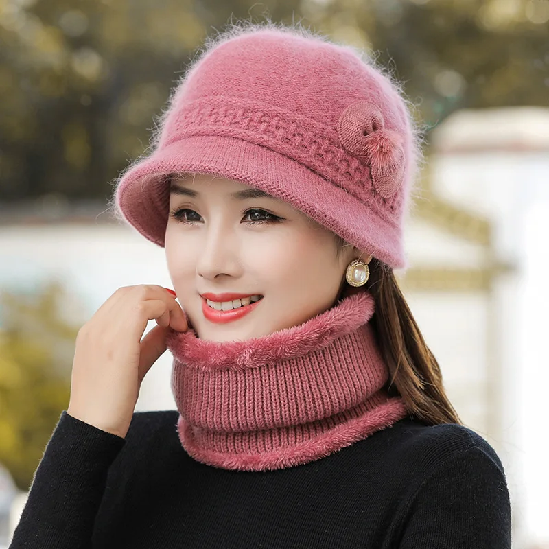 

New Rabbit Hair Wool Knitted Hats Women Warm Winter Beanies Caps With Bib Female Windproof Plus Velvet Visor Cap