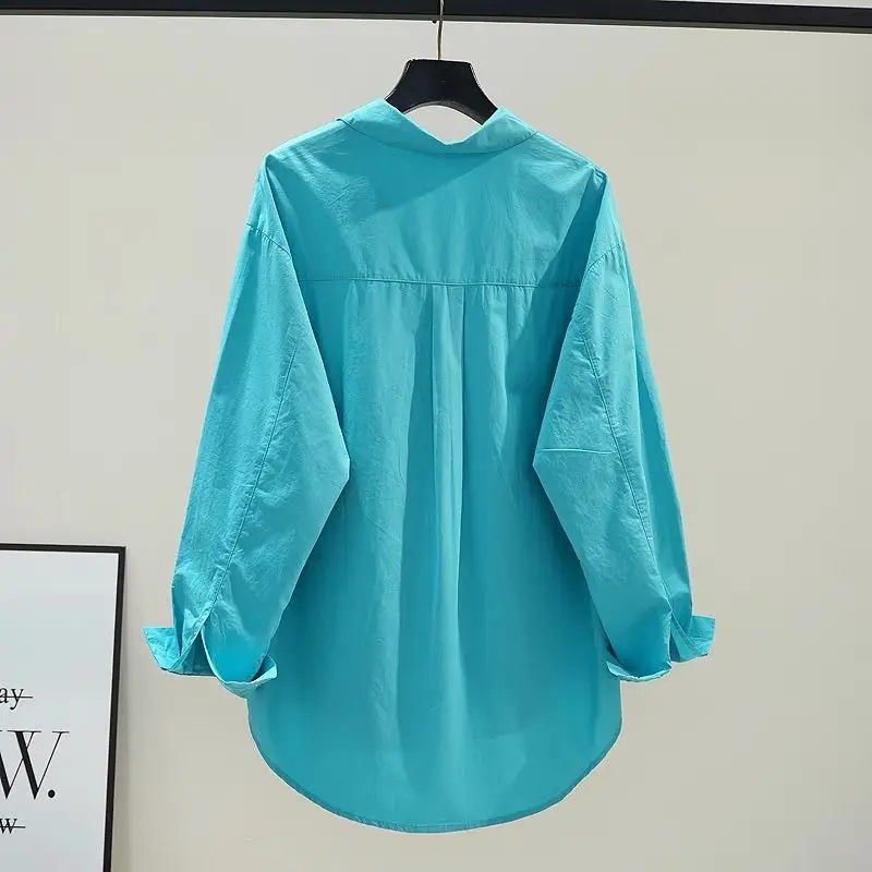 

Elegant Loose Fit Women's Shirt in Turquoise Green Spring Autumn New Style Casual Versatile Mid-Length Simple Style Top