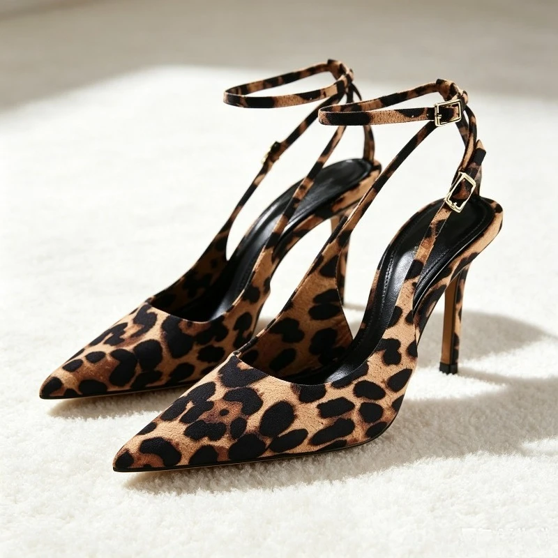 

Sexy Pointy Leopard Print Slingback Women Pumps Elegant Ankle Strap High Heels for Ladies Luxury Wedding Designer Heeled Sandals
