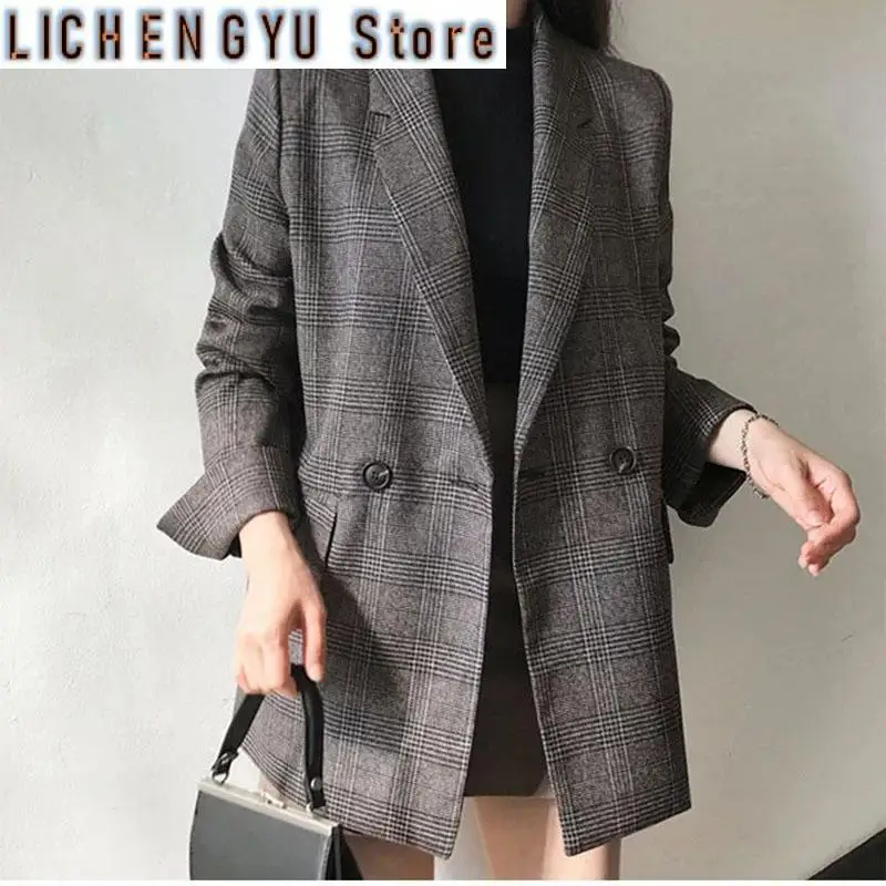 New Fashion Spring Autumn Plaid Women Blazer Jacket Korean Long Sleeve Double-Breasted Office Suit Coats Female Casual Tops