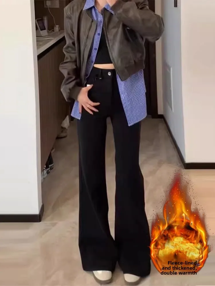 

High Waist Fleece Lined Flare Denim Jeans Women's Autumn Winter plus Size Elastic Slimming Bootcut Pants Casual Cotton Stretch