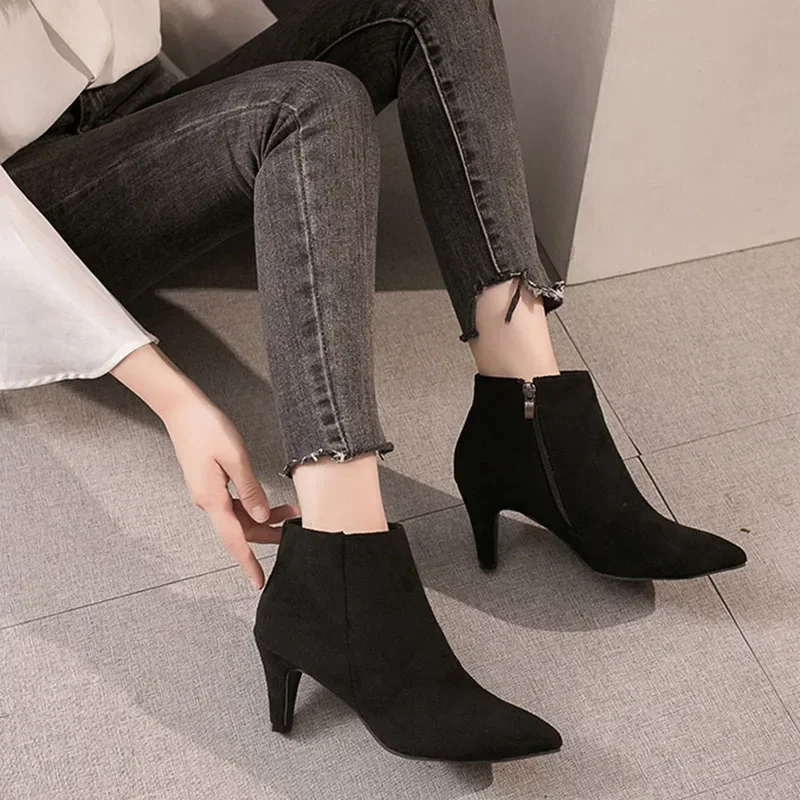 High Heels Ankle Boots Plus Size Leopard Women Boots Retro Pointed Ladies Shoes Side Zipper Booties Botas De Mujer