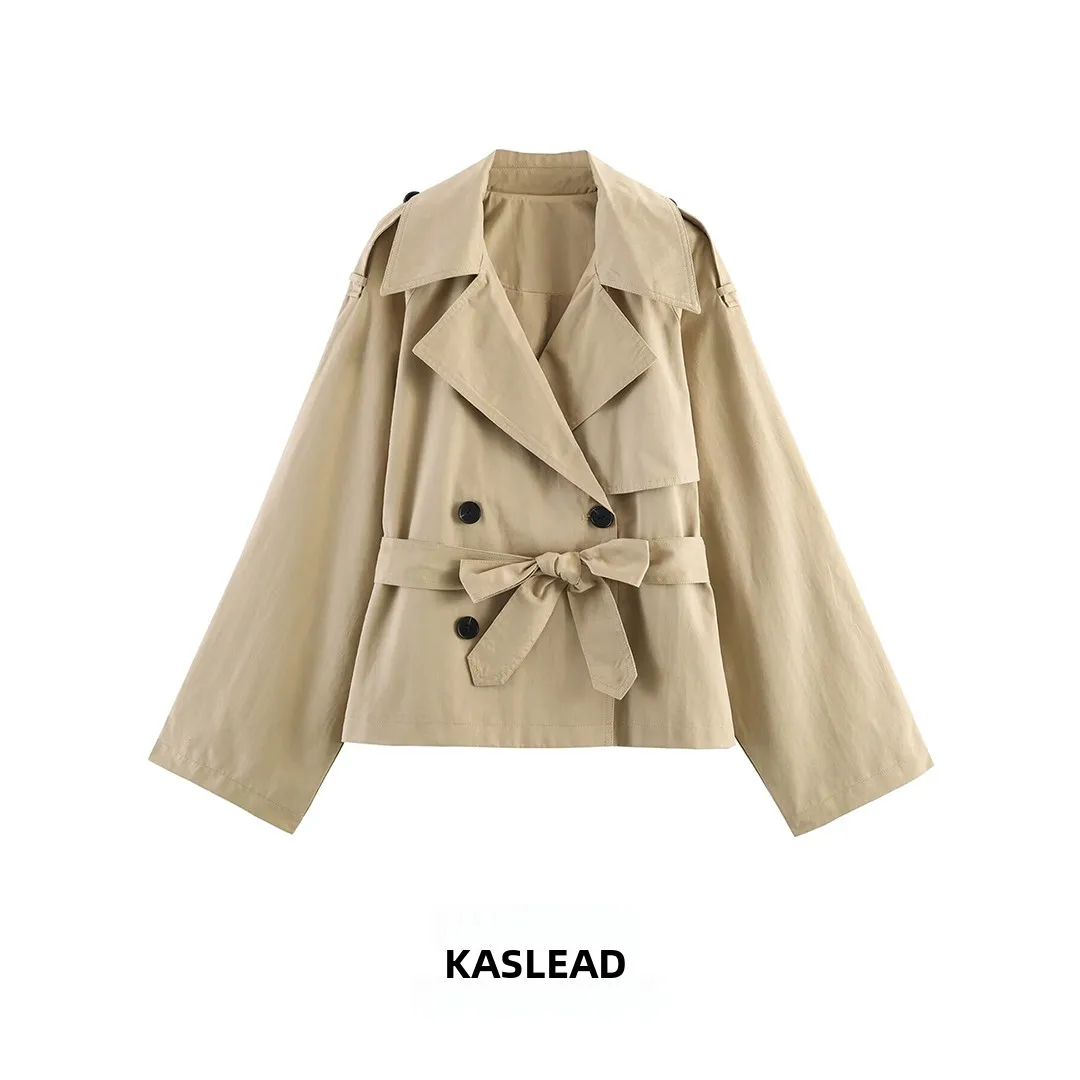 

KASLEAD New Women's Fashion Simple Stylish Shoulder Pad Belted Coat Street Style Long Sleeve Polyester Fiber Summer Outerwear