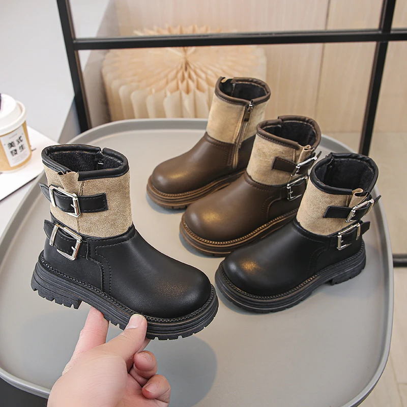 Girls Spliced Biker Ankle Boots, PU Faux‑Suede Mix Decor Buckle Plush‑Lined Inner Zipper Thick Sole Winter Boots