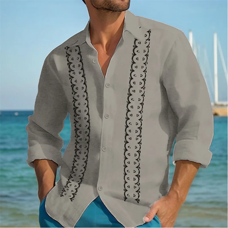 Chemises en lin décontractées à manches longues pour hommes, tenues de vacances hawaïennes à revers rayé, vêtements confortables, Y