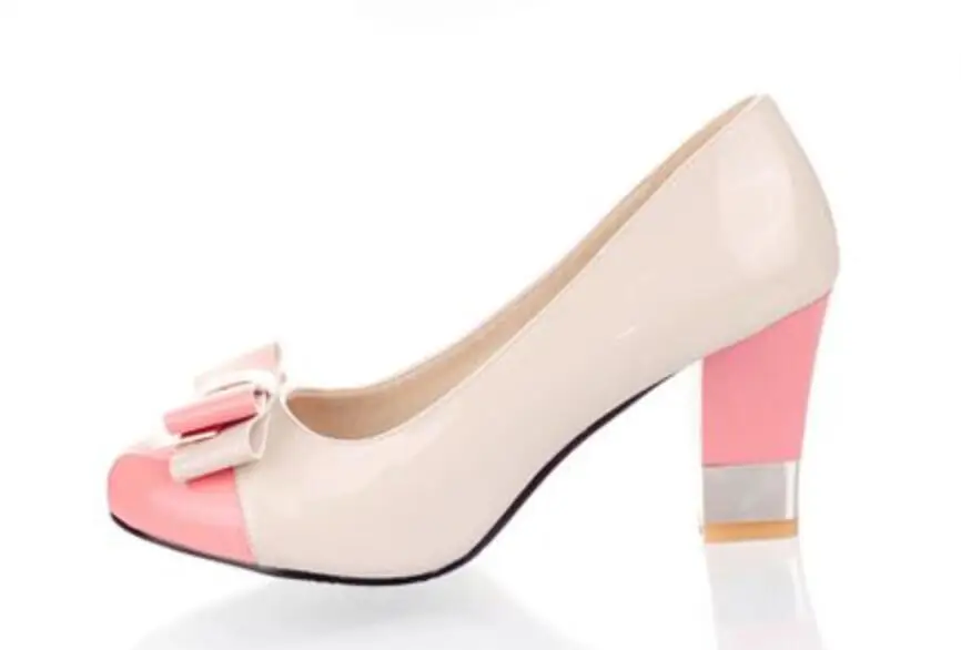 KNCOKAR Hot  Women Pumps Shallow Color Block Thick High Heels Shoe Sweet and Hard Color Bow High Bowtie Pink  Size 34-43