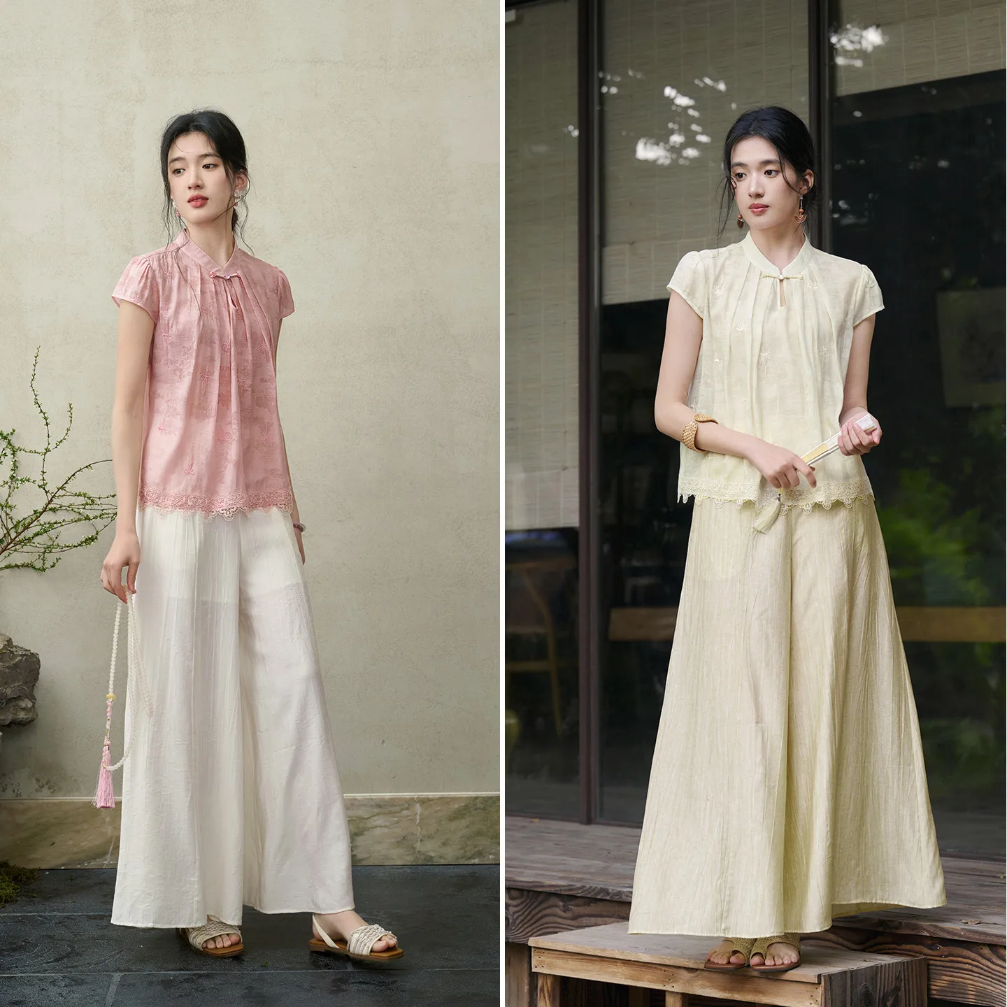 SENTUBILA Baggy Skirt Pant Summer Sets 2 Piece Woman Outfits 2026 Jacquard Embroidery Lace Chiffon Blouse Long Pants 162ZJ5807Z