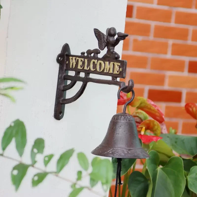 Black Angel Hand Cranking Welcome Cast Iron Wall Bell With Gold Signs European Outdoor Garden Decor Metal Items Double-sided