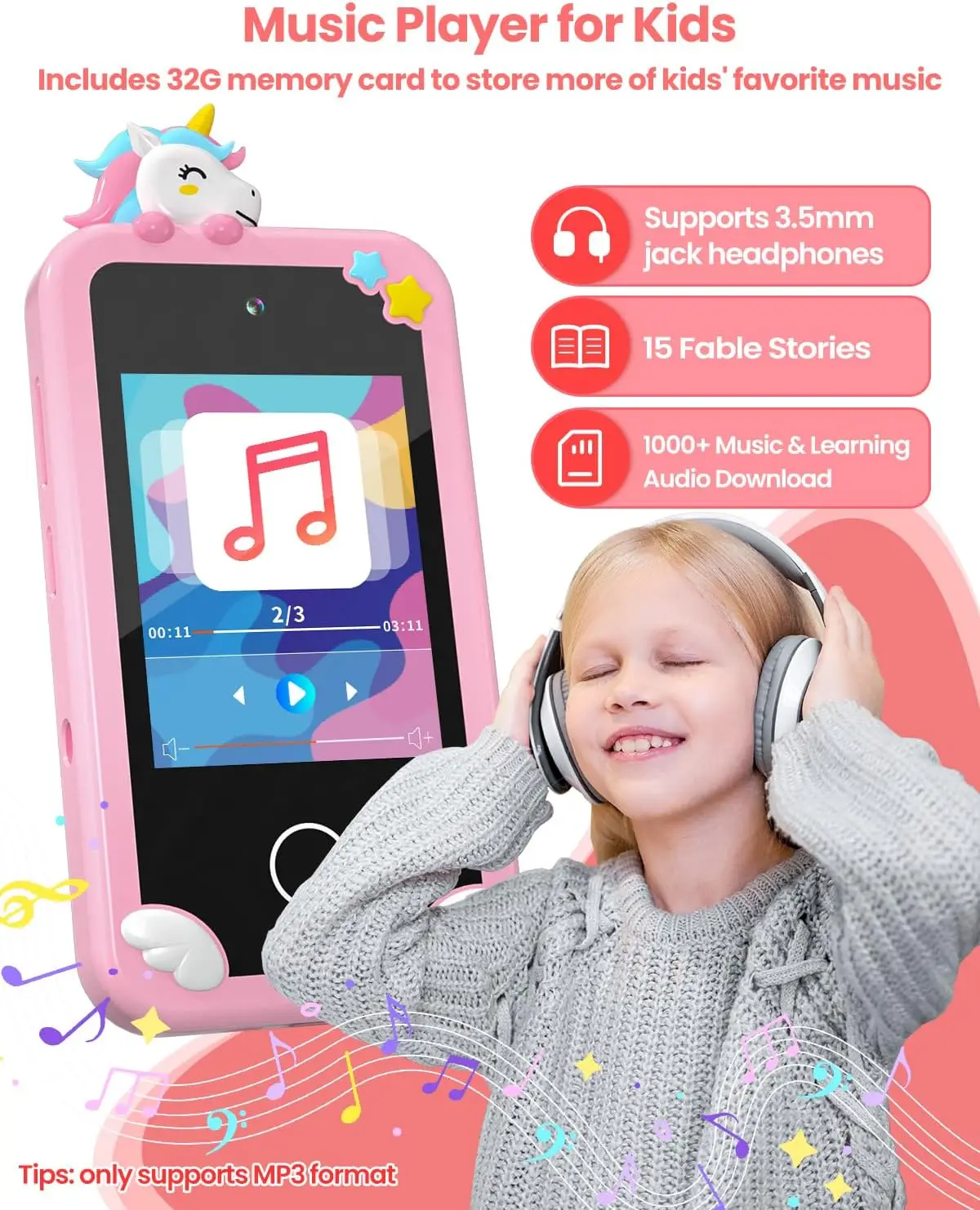 Smartphone per bambina con scheda 32G, giocattolo per l'apprendimento del bambino con touch screen da 2,8 pollici, doppia fotocamera, lettore musicale (rosa)