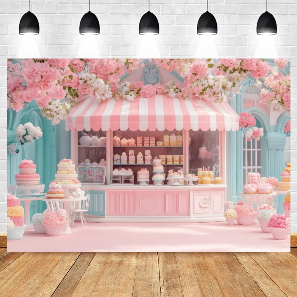 Sfondo del negozio di dolci e dolci Torta Cupcake Fiori Palloncini Baby Shower Bambini Ritratto Festa di compleanno Decor Sfondo fotografico