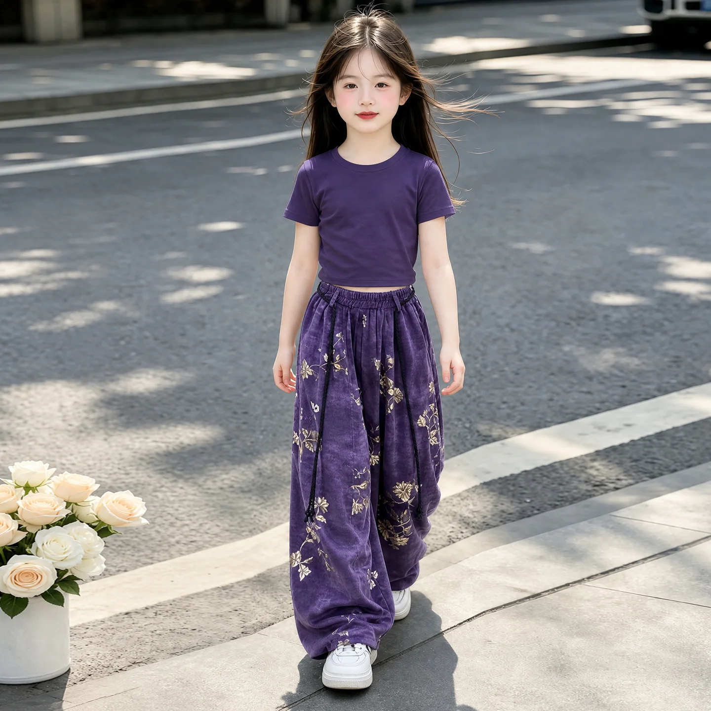Girls Purple Chinese Floral Print 2 Pcs Outfit Short Sleeve Crop Top Wide Leg Pants Set Kids Summer Children Fashion Clothes